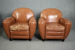 Armchairs, Art Deco style upholstered in faux leather. H.85 W.86 D.78cm. (Each) (Worn as seen).