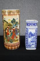 A Japanese cylindrical vase and a Chinese blue and white vase. H.46cm. (Largest).