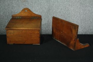 A 19th century wall mounted mailbox along with a wall shelf or bracket. H.34 W.35 D.24cm. (Largest)