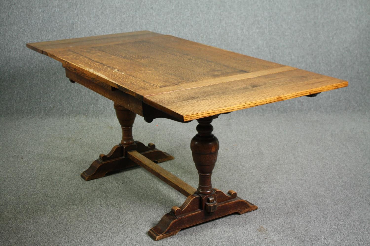 Dining table, mid century oak Jacobean style with draw leaf action. H.76 W.183 (ext) D.83cm. - Image 3 of 6