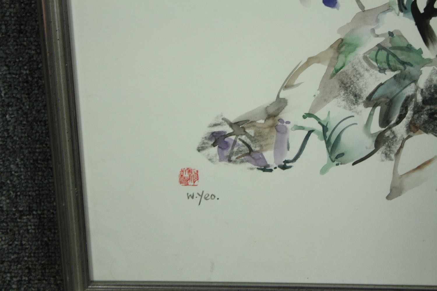 Wendy Yeo (b.1937), watercolour framed and glazed, a bird amongst flowers, signed and with artist' - Image 3 of 5