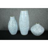 Three contemporary matching blue glaze vases. H.40cm. (Largest)