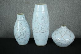 Three contemporary matching blue glaze vases. H.40cm. (Largest)