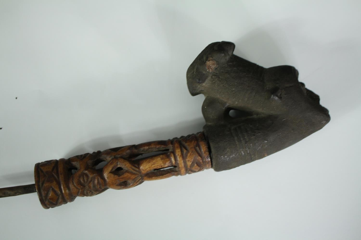 A Cameroon terracotta, metal and bone shaman's pipe along with a similar example. L.38cm. (Largest) - Image 2 of 6