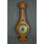 Barometer, 19th century oak, banjo shaped with silvered dial and thermometer. H.83cm.