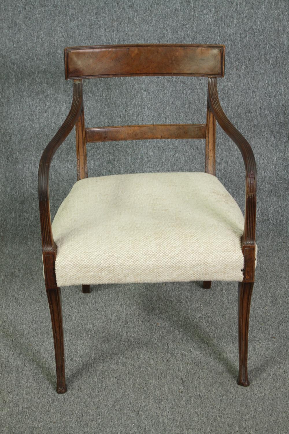 Armchair, Regency mahogany bar back on fluted sabre supports.