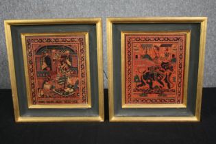 A pair of etched and lacquered Thai panels in gilt frames. H.34 W.30cm. (Each).