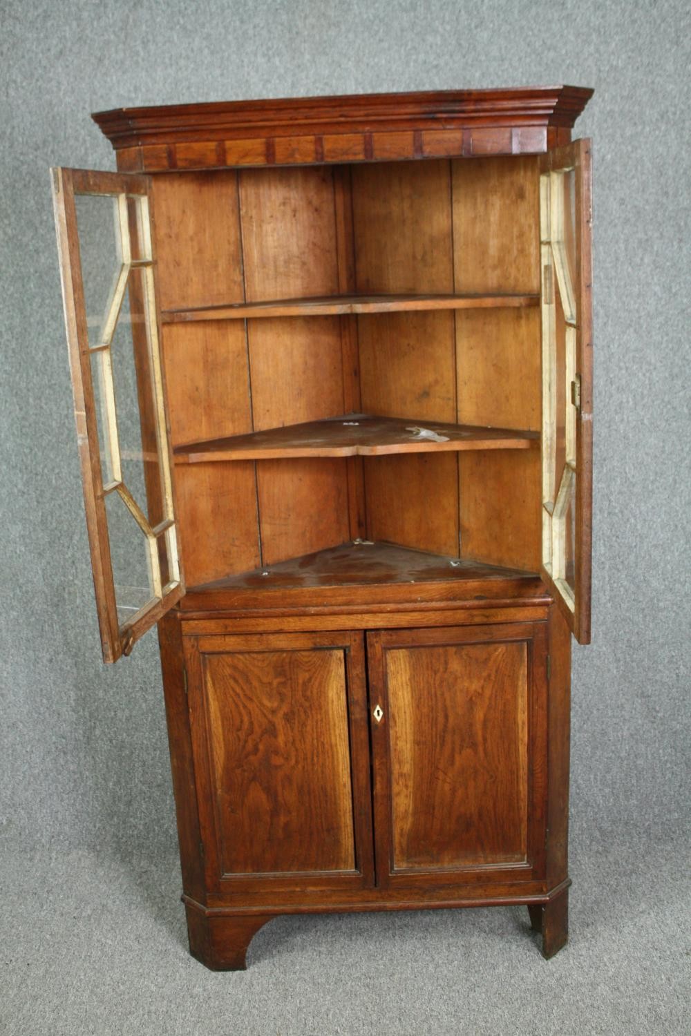 Corner cabinet, 19th century elm, floor standing in two sections. H.188 W.97 D.51cm. - Image 2 of 6