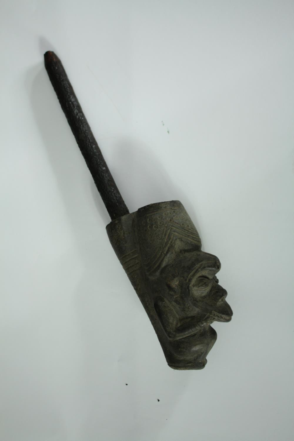 A Cameroon terracotta, metal and bone shaman's pipe along with a similar example. L.38cm. (Largest) - Image 4 of 6