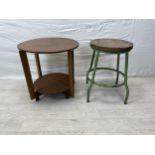 A mid century laminated ply occasional table along with an industrial style stool. H.50 Dia.53cm.