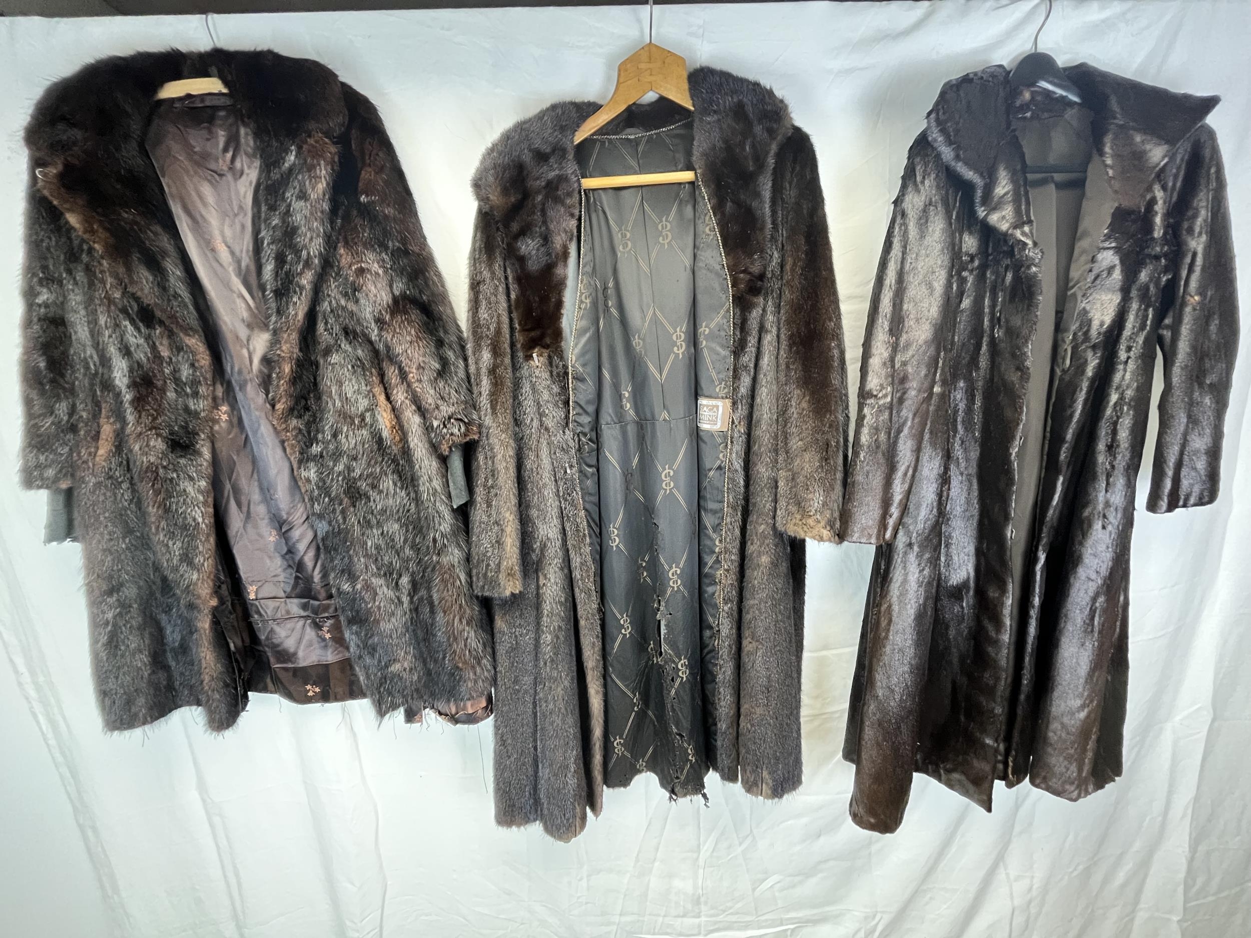 Three vintage mink and fur coats, sizes from left to right H.110 inside arm 32cm. H.120 inside arm