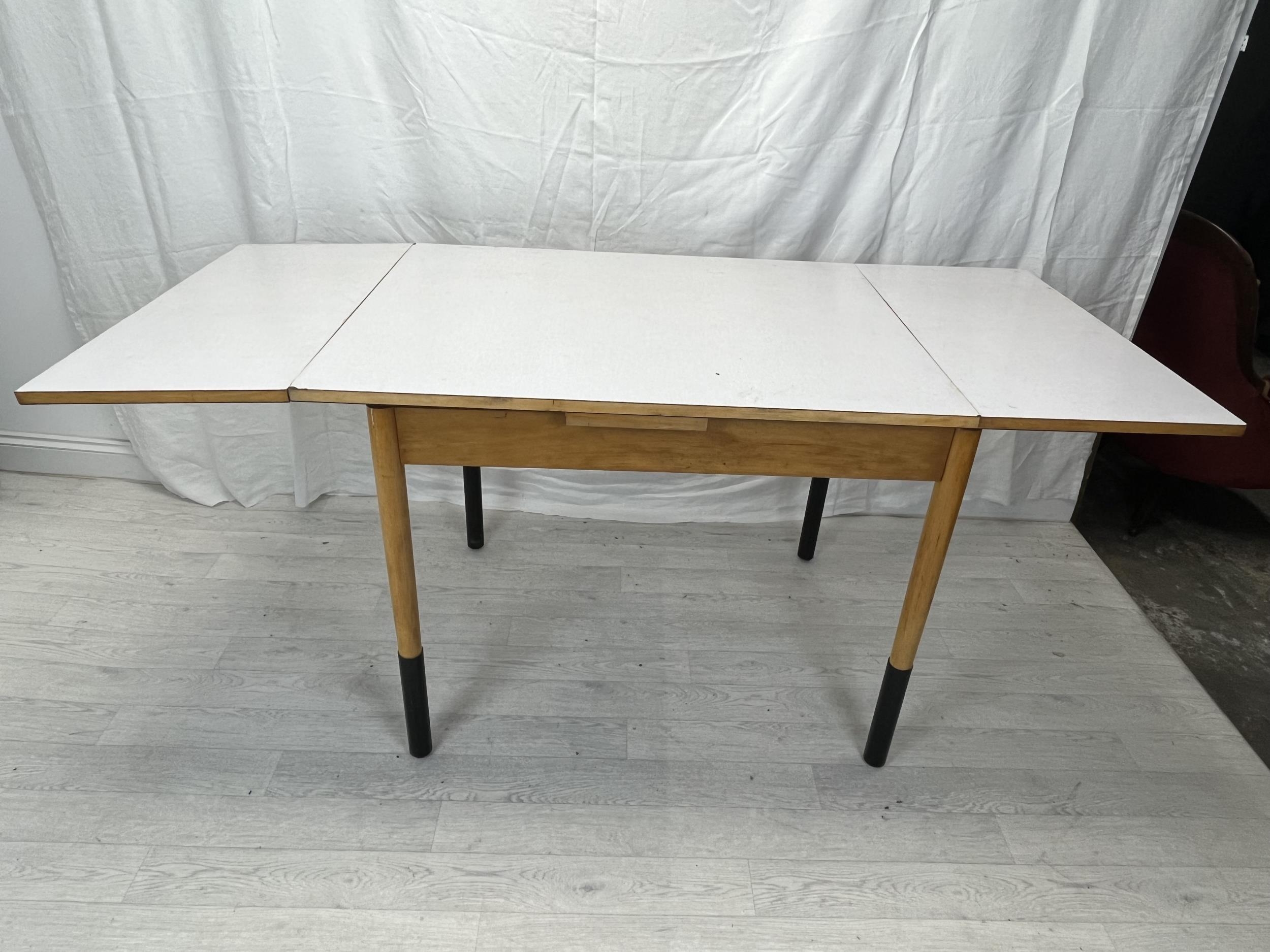 1960s kitchen dining table, mid century teak with Formica composite laminated top and draw leaf - Image 5 of 6
