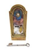 A 19th century French brass and steel heavy door lock and key with brass makers plaque. Beaded