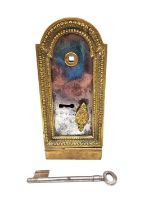 A 19th century French brass and steel heavy door lock and key with brass makers plaque. Beaded