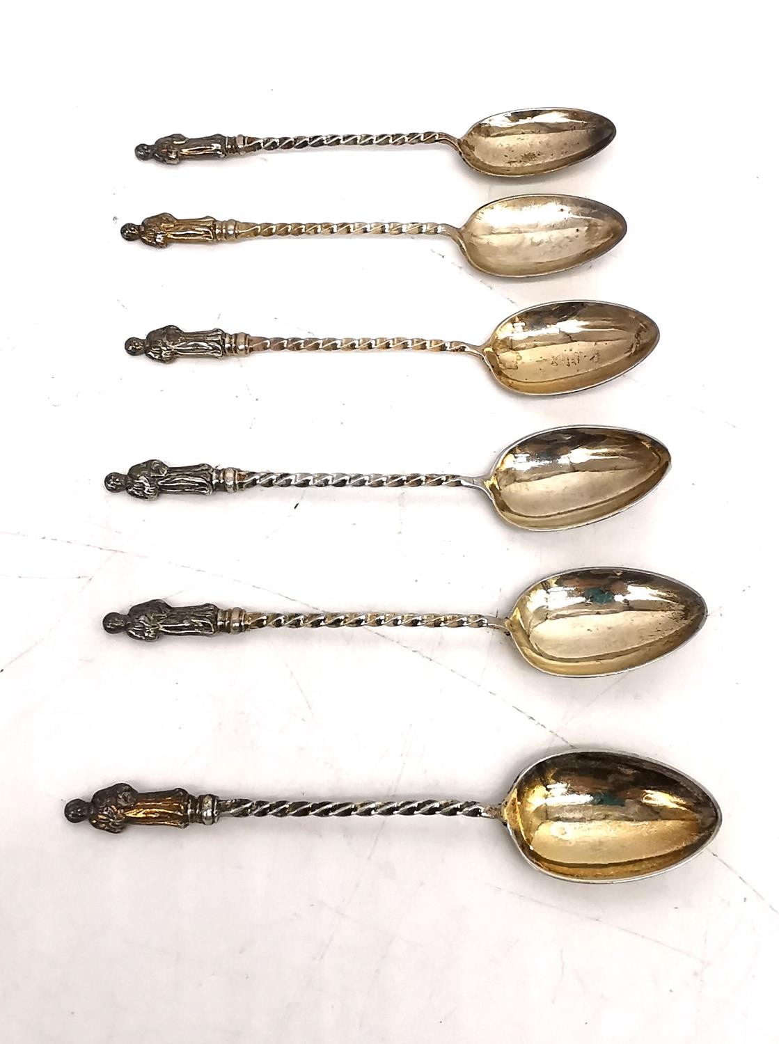 A leather cased set of six apostle design silver coffee spoons by Barker Brothers Silver Ltd and - Image 2 of 7