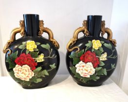 A pair of large 20th century Japanese moon flasks with gilded dragon handles, painted with birds and