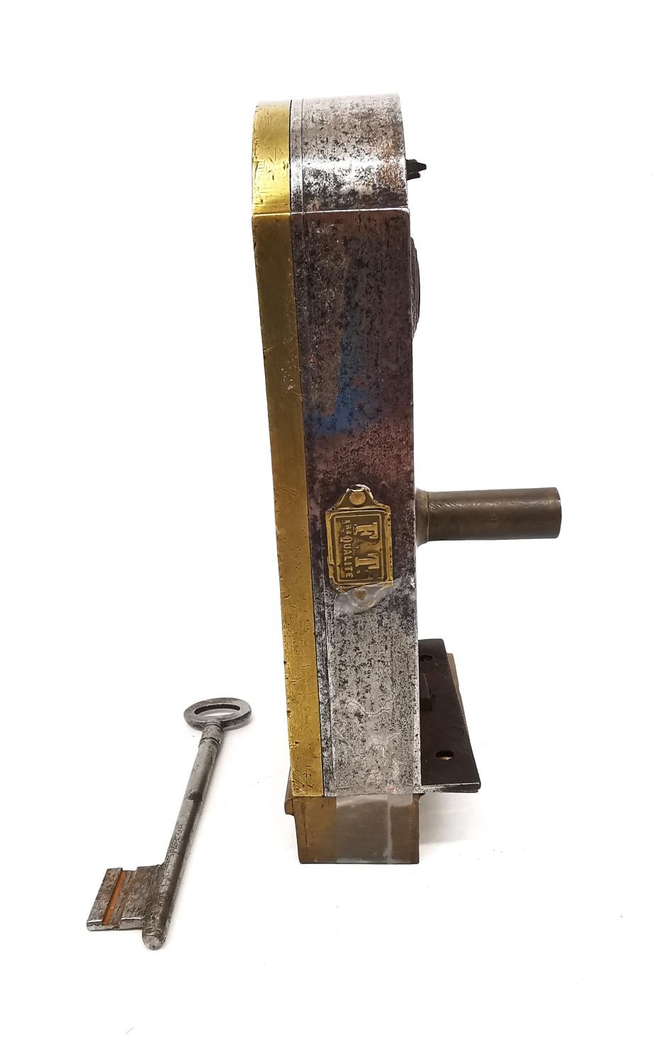 A 19th century French brass and steel heavy door lock and key with brass makers plaque. Beaded - Image 5 of 7