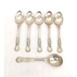 A collection of five Kings pattern silver dessert spoons and a matching soup spoon. Fully