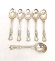 A collection of five Kings pattern silver dessert spoons and a matching soup spoon. Fully