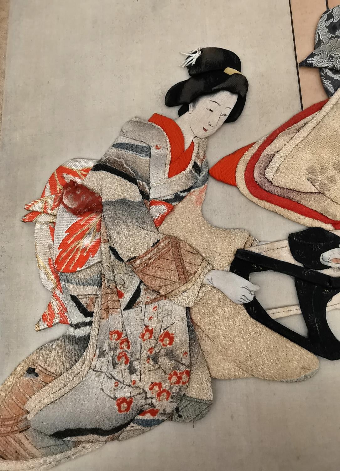 A Meji period Japanese fold out Oshie panels depicting scenes of Geishas receiving visitors. The - Image 7 of 11