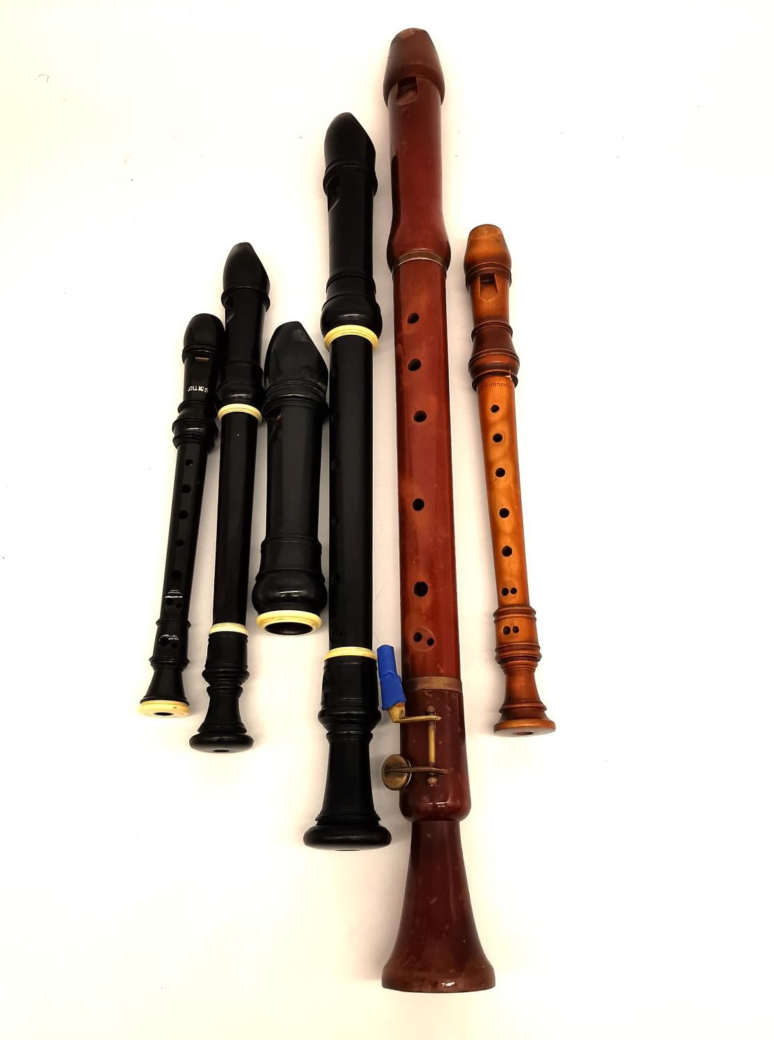 A cased collection of five recorders, a 1970s Schotts 'Concert' three-piece tenor, a fruitwood - Image 35 of 37