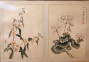 Two framed and glazed early 20th century Japanese ink on silk studies of flowers. Signed with