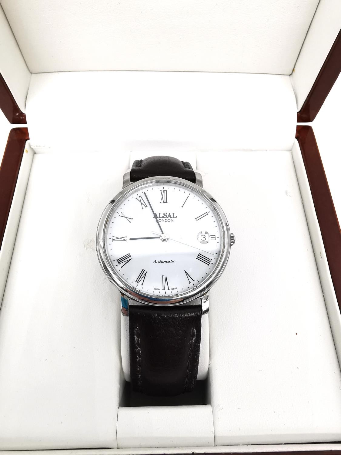 A boxed Alsal Swiss made stainless steel automatic gentleman's water resistant watch with brown - Image 2 of 4