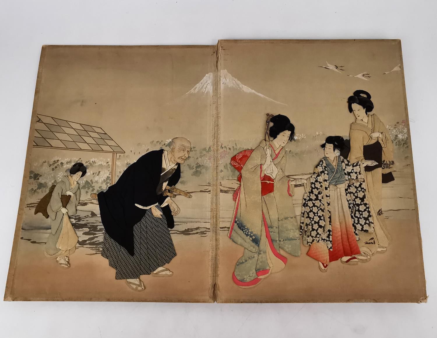 A Meji period Japanese fold out Oshie panels depicting scenes of Geishas receiving visitors. The - Image 3 of 11