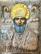 A large Mid-century silver Greek Orthodox icon on board of Saint Frances. Hand painted faces and
