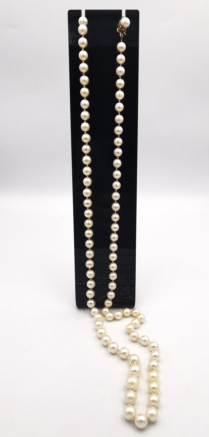 A long knotted string of graduated cultured pearls with 9ct yellow gold red stone set hook and