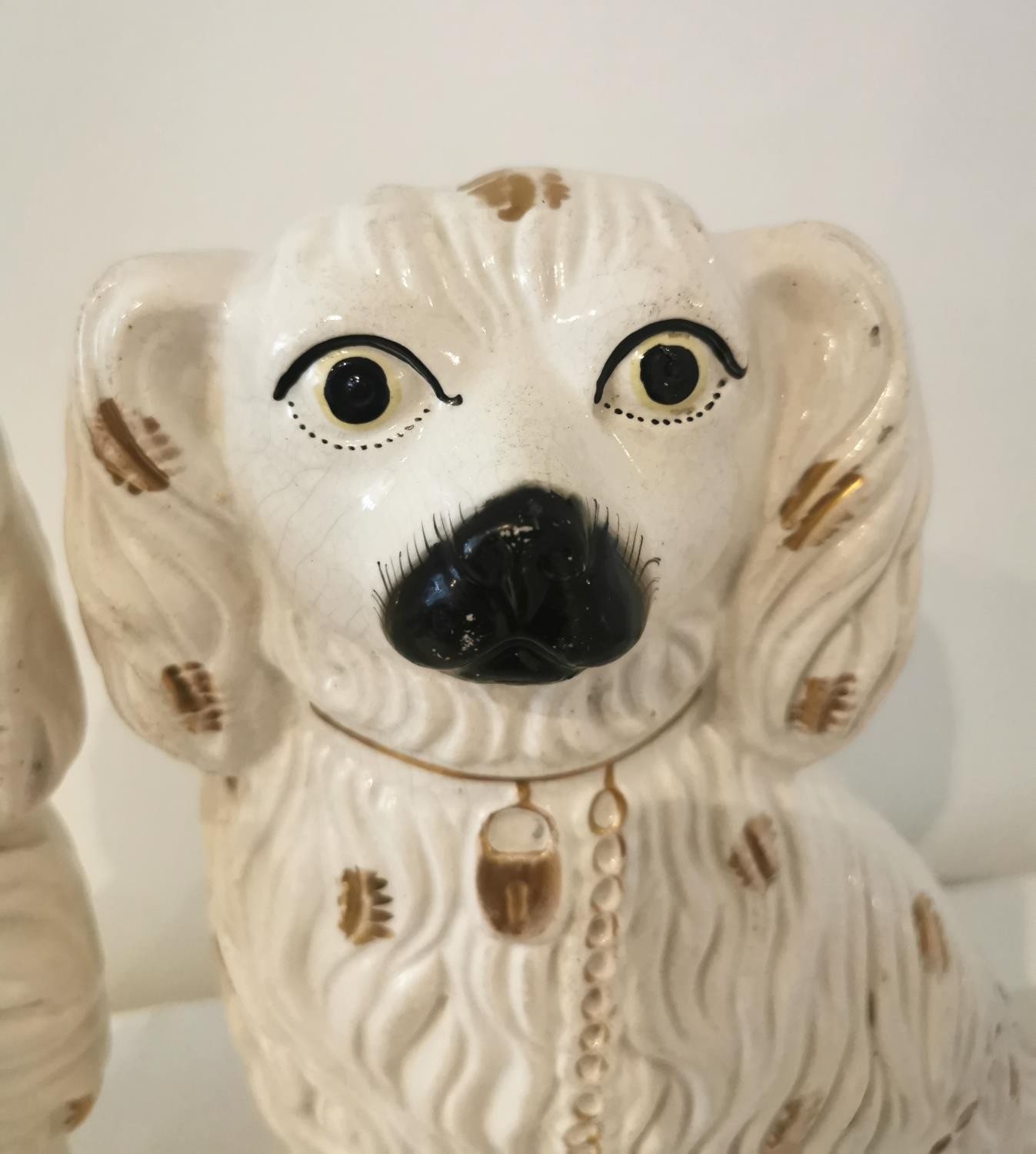 A pair of very large 19th century Staffordshire pottery spaniels with gold chain collars and painted - Image 4 of 5