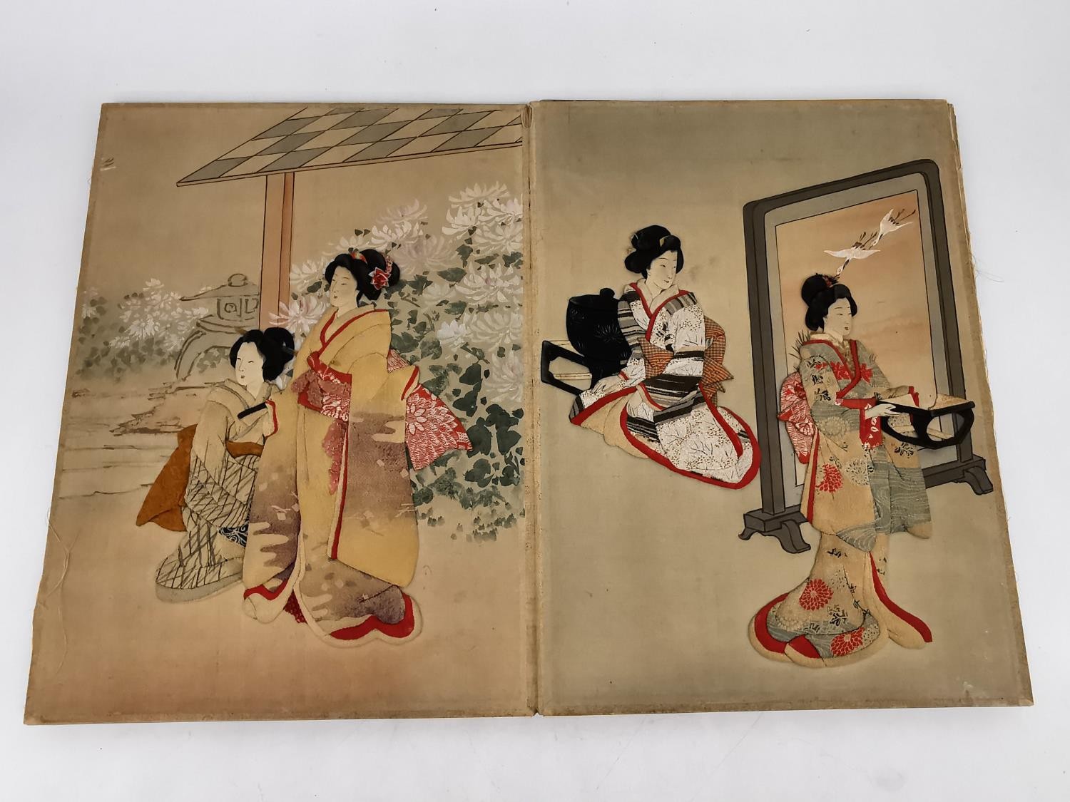 A Meji period Japanese fold out Oshie panels depicting scenes of Geishas receiving visitors. The - Image 4 of 11