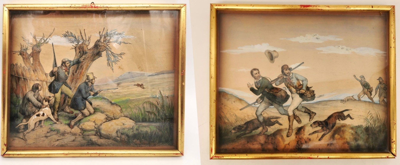 A pair of 19th century framed and glazed hand coloured and engraved collage hunting scene