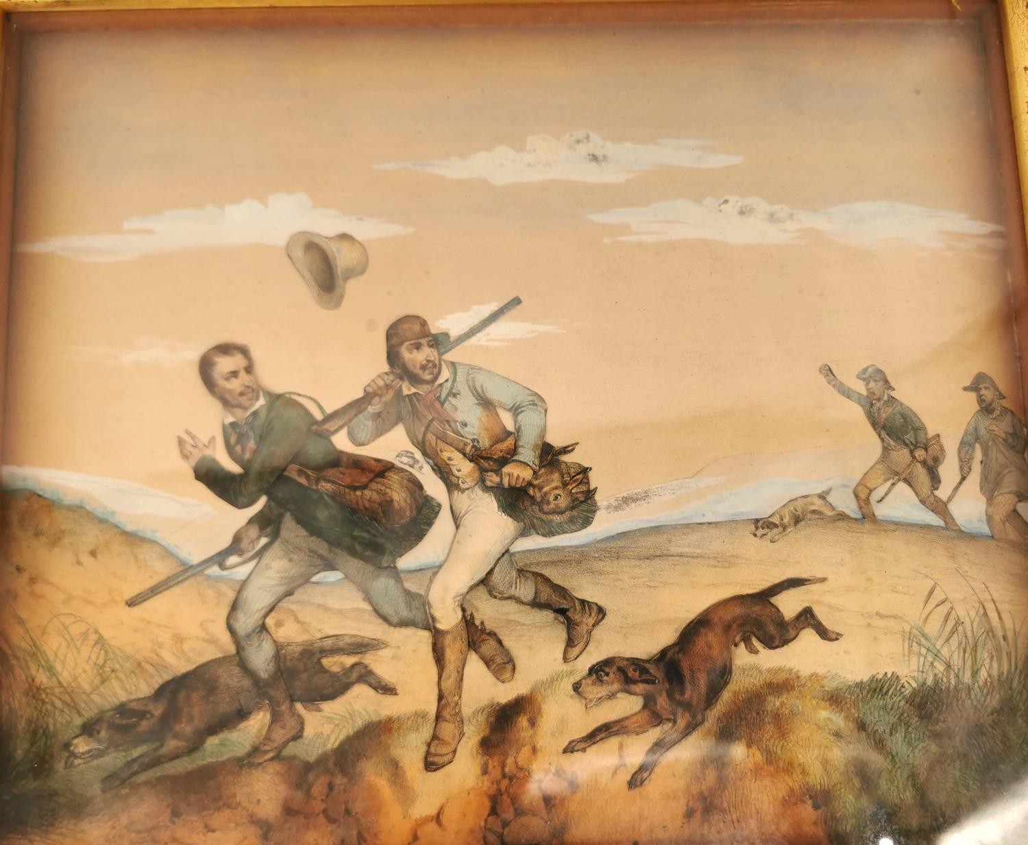 A pair of 19th century framed and glazed hand coloured and engraved collage hunting scene - Image 8 of 12