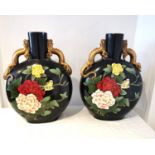 A pair of large 20th century Japanese moon flasks with gilded dragon handles, painted with birds and