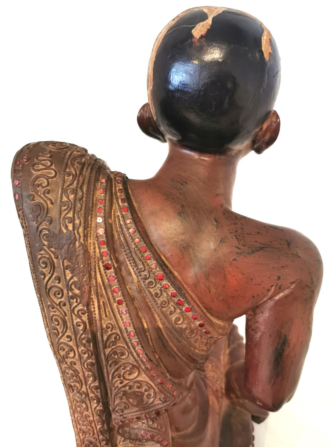A 19th/early 20th century carved and lacquered Burmese kneeling figure of a monk wearing a robe. The - Image 6 of 10