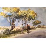 Matt Bruce (1915-2000), British, watercolour on paper, country lane with a farmer leading a horse.