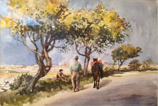 Matt Bruce (1915-2000), British, watercolour on paper, country lane with a farmer leading a horse.
