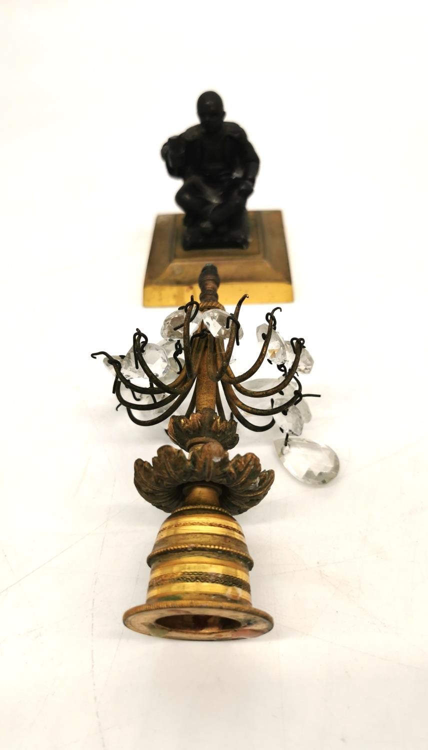 A pair of 19th century gilt bronze candle holders with crystal drop lustres and patinated bronze - Image 2 of 11