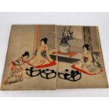 A Meji period Japanese fold out Oshie panels depicting scenes of Geishas receiving visitors. The
