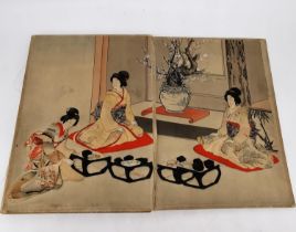 A Meji period Japanese fold out Oshie panels depicting scenes of Geishas receiving visitors. The