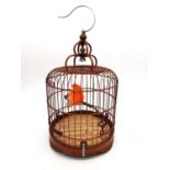 A vintage Chinese bamboo birdcage with taxidermy orange Canary inside. Label to base. H.35