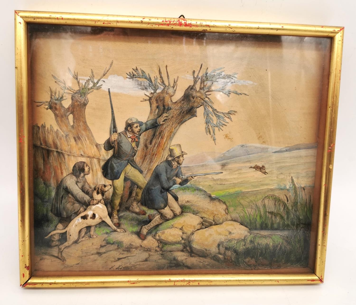 A pair of 19th century framed and glazed hand coloured and engraved collage hunting scene - Image 2 of 12