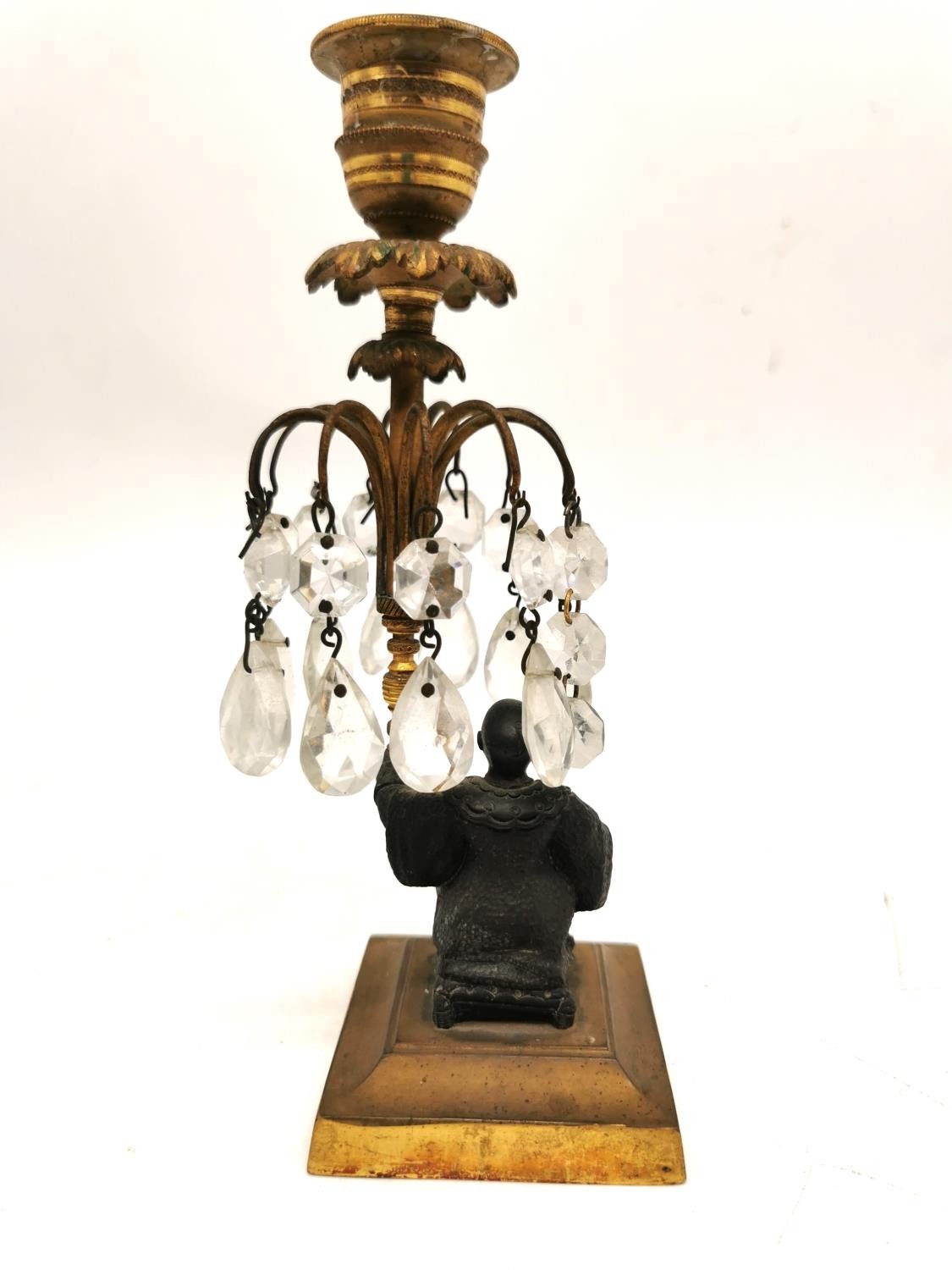 A pair of 19th century gilt bronze candle holders with crystal drop lustres and patinated bronze - Image 7 of 11