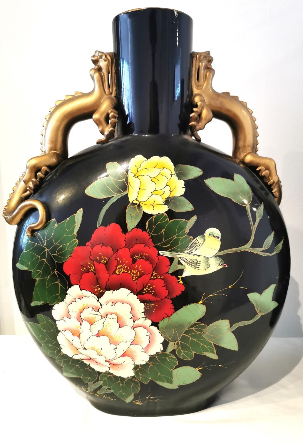 A pair of large 20th century Japanese moon flasks with gilded dragon handles, painted with birds and - Image 2 of 12