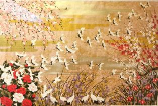 Sogara Yuzen, 'Flying Cranes', silk screen on Japanese paper. Framed and glazed. L.106 H.75cm.