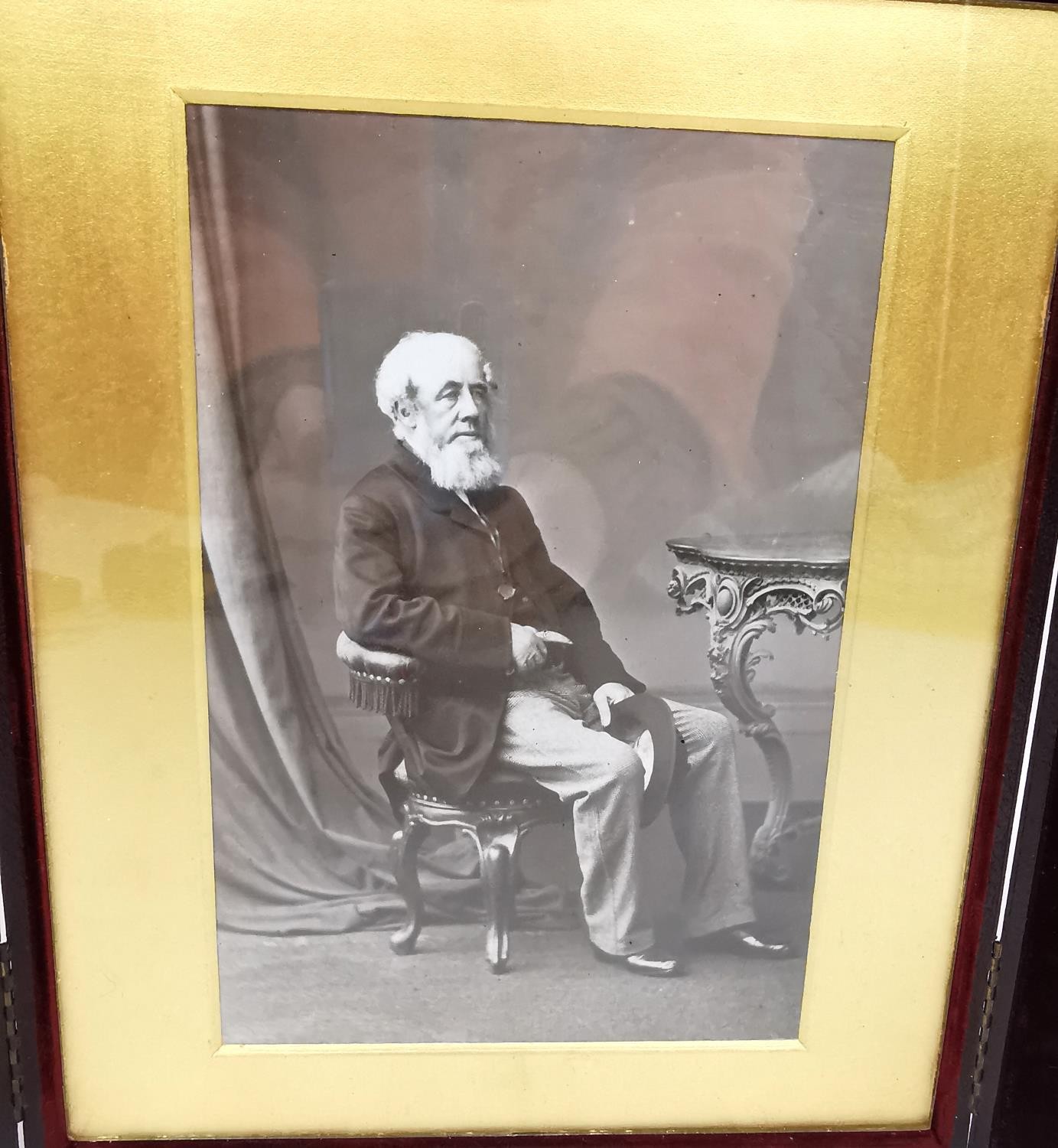 Two Victorian travelling leather photo frames with burgundy velvet and gilding, one containing a - Image 2 of 9