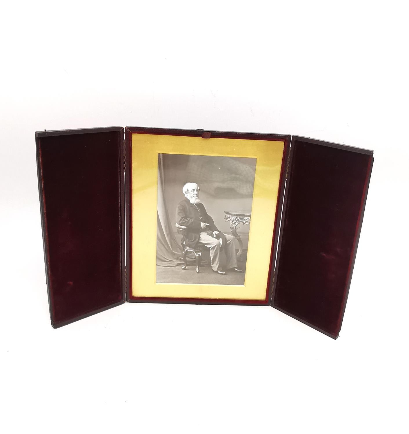 Two Victorian travelling leather photo frames with burgundy velvet and gilding, one containing a - Image 4 of 9