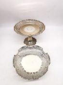 A pierced shell and foliate design silver tazza by Walker and Hall along with a pierced floral