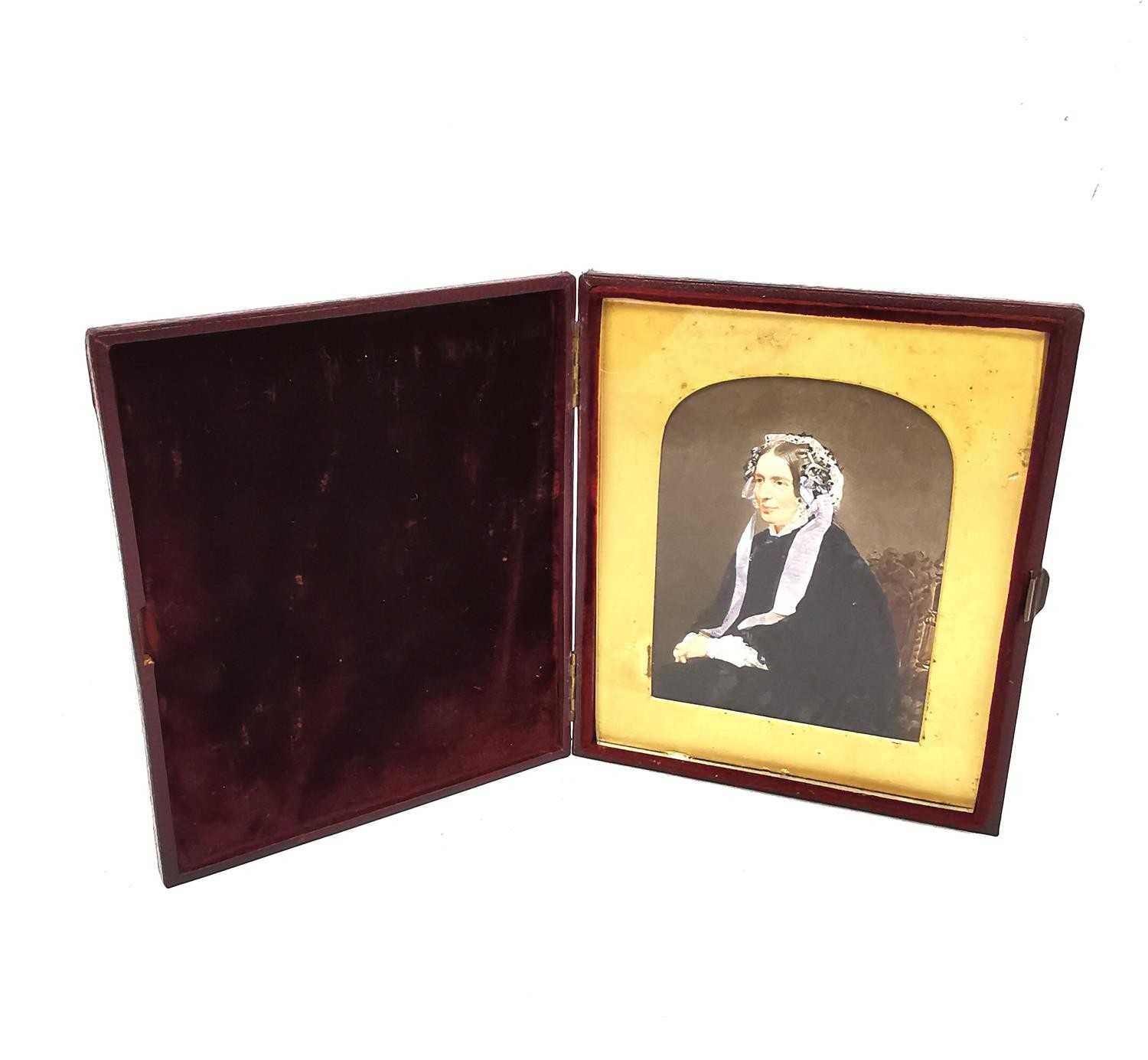 Two Victorian travelling leather photo frames with burgundy velvet and gilding, one containing a - Image 8 of 9